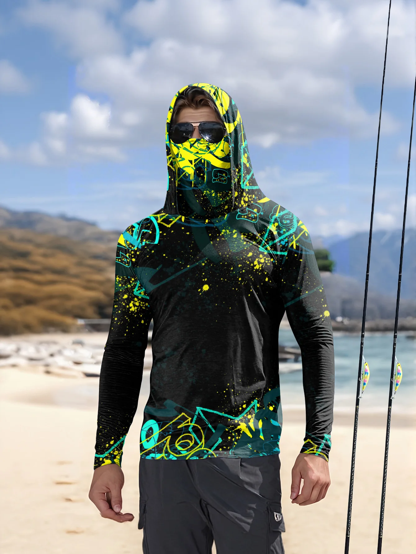 Men UPF50+ Fishing Hoodie With - Fishing Mask Sun Protection review and price